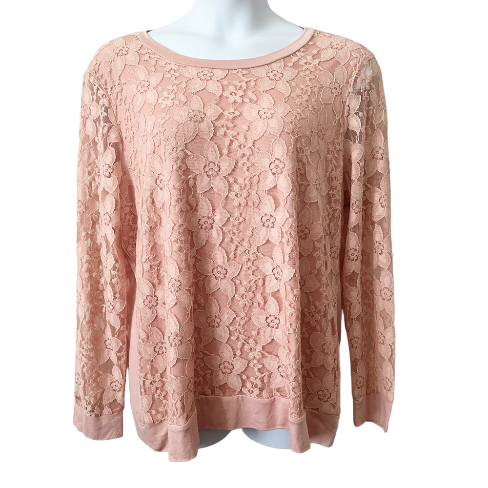 Adrianna Papell Blouse Womens Sz XXL Pink Floral Lace Crew Neck Long Sleeve New